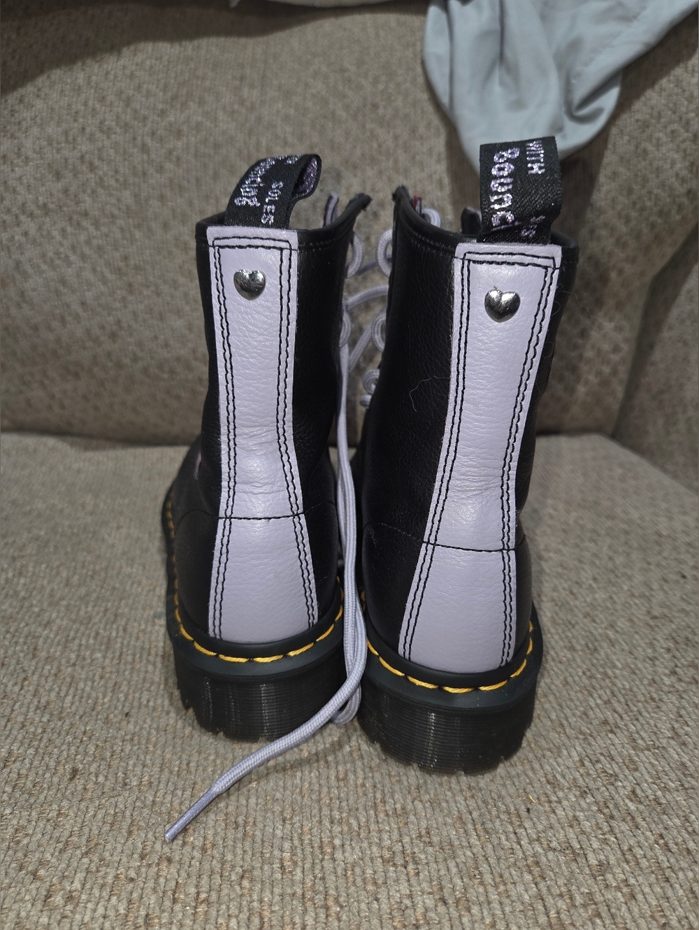 Dr Martens Black Lace-Up Combat Boots with Lilac Heart Accents - Picture 4 of 5
